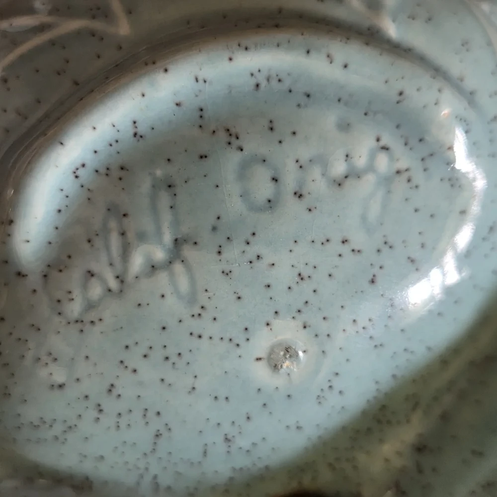 Vtg MCM California USA Pottery Divided Leaf Nut Dish Turquoise Aqua Gold Accents